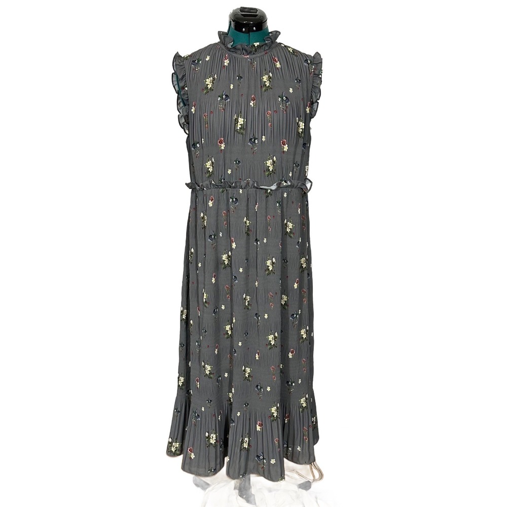 Ted Baker Topaz Plisse Midi Dress 4‎ Gray Floral Ruffle Pleated Sleeveless